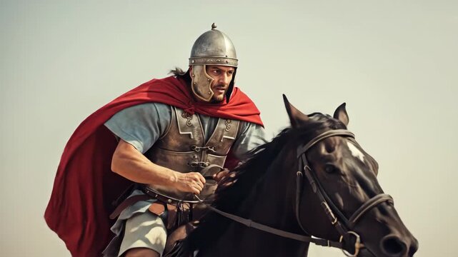 Man in roman soldier armor riding a horse in a desert setting with a man with a beard looking sternly, historical and modern portrait footage