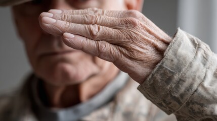 Elderly caucasian male in military uniform giving respectful salute. Veterans Day, Remembrance Day
