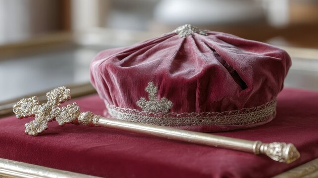 Ornate maroon velvet hat and intricate silver scepter on display. St. Nicholas Day