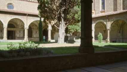 Cloister courtyard defocused bokeh with arches and central cypress tree, church background; background backdrop copyspace calm.