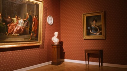 Defocused museum interior with framed paintings, sculpture bust and wooden table on patterned...