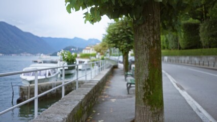Lakeside promenade in soft bokeh with defocused trees, benches and boats beside a quiet waterfront path; background backdrop copyspace calm.