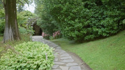 Stone walkway winding through leafy beds, softly blurred with shallow focus in a peaceful garden setting, stone path and greenery recede into a grotto; background backplate copyspace calm.