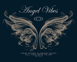 angel's wings print design, wing t-shirt design, women's slogan printed t-shirt design, hand-drawn dotted line, halftone style street art, for streetwear and urban style t-shirts design, hoodies, © MdAlImran