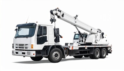 White flatbed truck with mounted telescopic crane and dual rear axles for editorial industrial photography heavy-duty equipment design and poetic utility-themed visuals