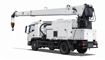 White flatbed truck with mounted telescopic crane and dual rear axles for editorial industrial photography heavy-duty equipment design and poetic utility-themed visuals