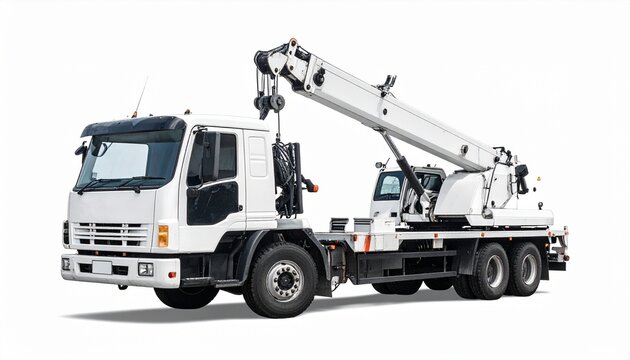 White flatbed truck with mounted telescopic crane and dual rear axles for editorial industrial photography heavy-duty equipment design and poetic utility-themed visuals