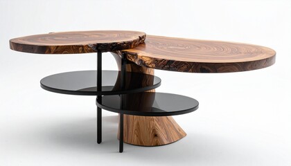 Modern multi-tiered side table with circular platforms and angled wooden legs for editorial furniture photography sculptural design and poetic utility-themed visuals