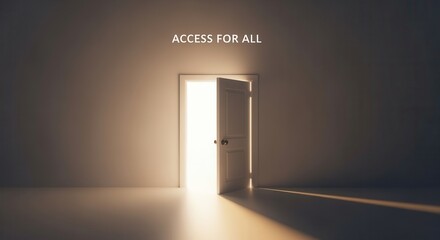 Access for all message over an open door letting light into a dark room. A concept for accessibility, inclusion, hope, and opportunity. International day of persons with disabilities theme