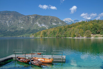 Jetty with rowboats at Lake Bohinj in Triglav National Park,Slovenia