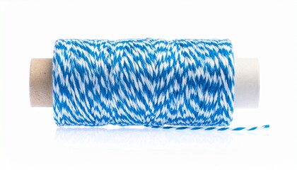Blue and white twisted twine spool with trailing strand on white background for editorial craft photography packaging material design and poetic utility-themed visuals