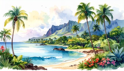 Watercolor tropical landscape with palm trees, mountain range, and colorful sky for editorial travel photography scenic nature design and poetic paradise-themed visuals