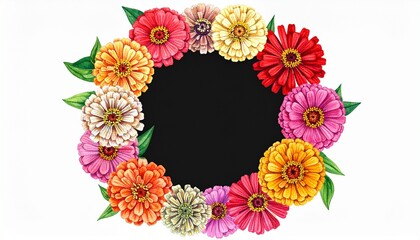 Circular floral arrangement with colorful flowers and green leaves on white background for editorial decorative photography greeting card design and poetic seasonal-themed visuals