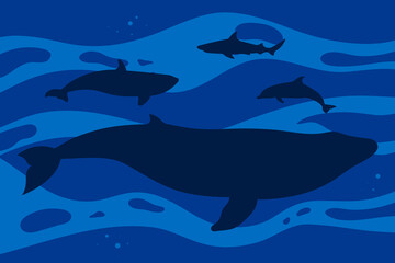 Blue underwater background with silhouettes of a whale, dolphin, killer whale and a shark. Vector illustration