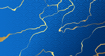 Golden Kintsugi cracks on blue Asian wave pattern background. Luxury elegant background. Vector illustration
