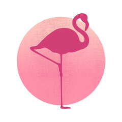 Elegant standing flamingo silhouette on round pink sunset colored background. Vector illustration