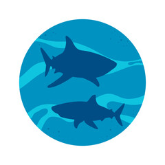 Underwater emblem with shark silhouettes. Shark swimming in the ocean. Vector illustration