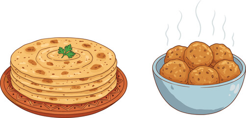 Indian flatbread, chapati stack, cilantro garnish, hot fried snacks, golden pakoras, traditional cuisine, steaming food, cultural meal, authentic taste, delicious