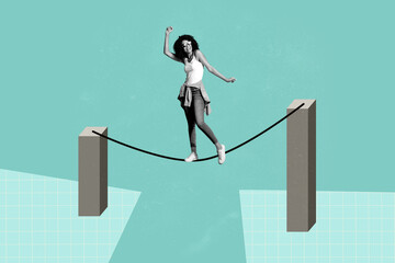 Pop art collage of person stand dance on rope with two column walking over green background