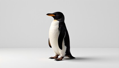 Obraz premium A penguin standing upright, facing to its right. It is stylized with black and white stripes and a large beak. The background is plain, providing no context or additional elements.