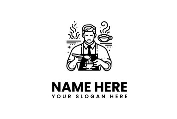 Minimalist Logo Design Featuring a Barista Preparing Coffee with Steam and a Coffee Cup