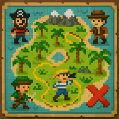 Obraz premium Pixel art treasure map featuring cartoon pirates and adventurers on a tropical island