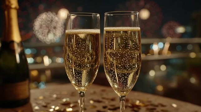 A romantic toast with two glasses of sparkling wine where bubbles form the shape of engagement rings, celebrating against a backdrop of city fireworks - Powered by Adobe
