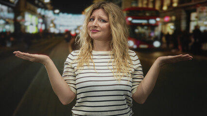 Woman shrugs palms up on a crowded city street at night with bus headlights and blurred signs in view; uncertainty resignation.