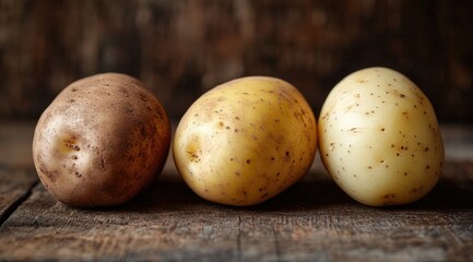 Three potatoes, varying shades, on wooden surface