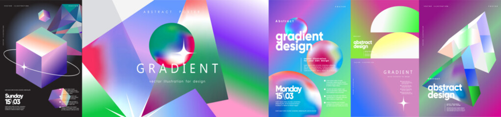 Vibrant abstract gradient backgrounds set. Futuristic 3D shapes, spheres, art, cube, and prisms with neon colors, holographic light, and modern minimal design for poster, cover, and web design. 