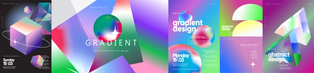Gordijnen Bibliotheek Vibrant abstract gradient backgrounds set. Futuristic 3D shapes, spheres, art, cube, and prisms with neon colors, holographic light, and modern minimal design for poster, cover, and web design.   © Ardea-studio