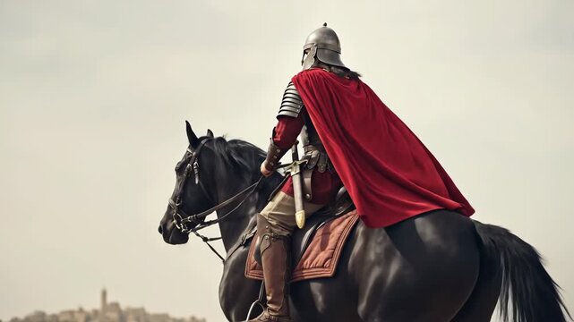 Crusader knight on dark horse with red cape flowing rides toward distant city, ancient armor, medieval setting, historical war concept.