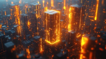 Obraz premium Abstract city of glowing cubes