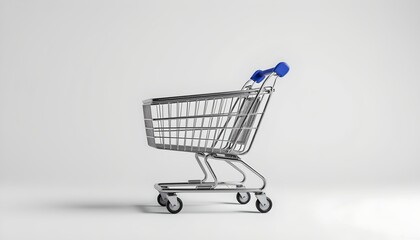 A solitary shopping cart with blue handle is depicted in isolation against a white background.