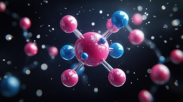 3D molecule, pink & blue spheres, dark background