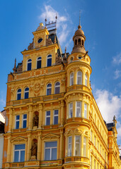 Fototapeta premium colorful building on the Ottokar II Square in the historic city center of Ceske Budejovice