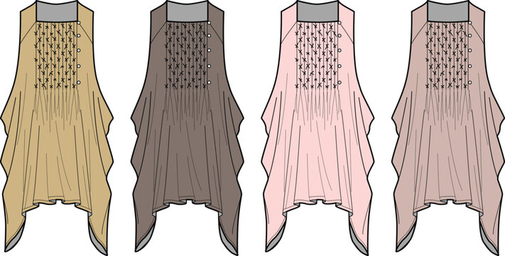 Fashion design flat sketch of four women's tops in different colors and styles, showcasing garment details