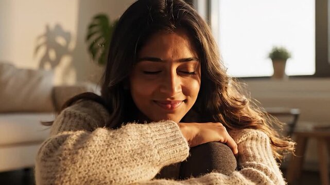 Calm woman sitting on the floor hugging her knees, looking contemplative and finding peace in a sun-drenched, cozy living room