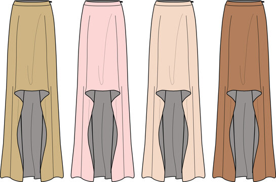 Fashion flat illustration of a long skirt with a split overlaying a shorter dress in four different color variations