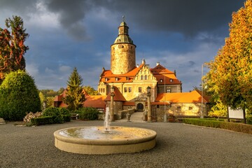 view of Czocha Castle in southwestern Poland at sunset in a late autumn evening