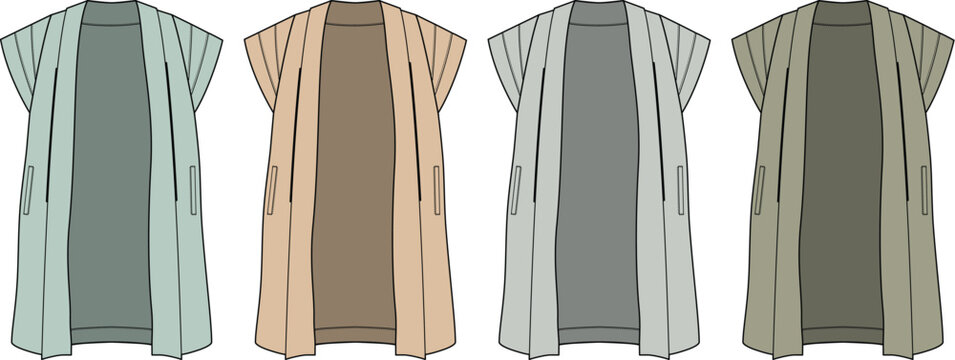 Vector template collection of an open-front sleeveless duster vest with patch pockets for apparel design mockups