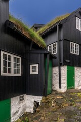 traditional sod-roof wooden homes in the city center of Torshavn on Streymoy in the Faroe Islands