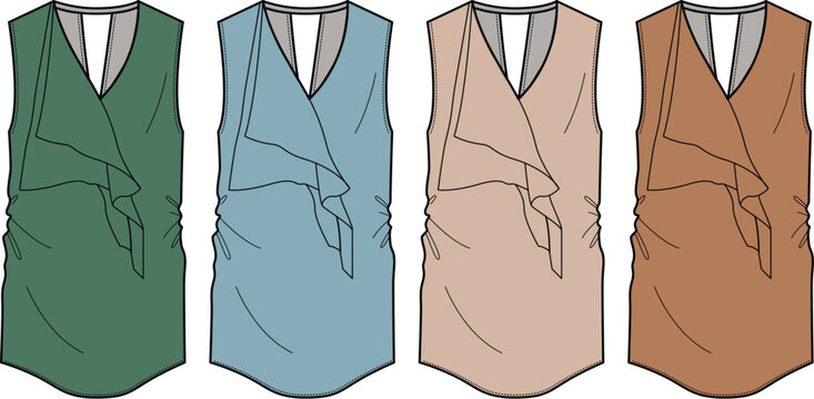 Fashion technical flat sketch of a women's sleeveless V-neck top with front draping and side ruching. Apparel design vector template set