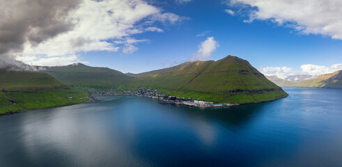 drone view of Fuglafjordur Village and bay on Eysturoy in the Faroe Islands