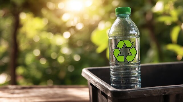 Clear plastic bottle with recycling symbol placed in a black bin on a sunny day against a blurred green background promoting environmental awareness and sustainability.