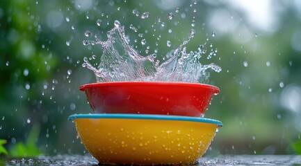 Colorful bowls with water splashes in a garden setting