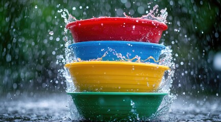 Colorful bowls in water splash (1)