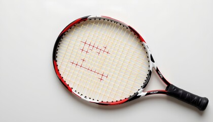A tennis racket with black grip tape and a red, white, and blue frame is prominently displayed against a plain background.