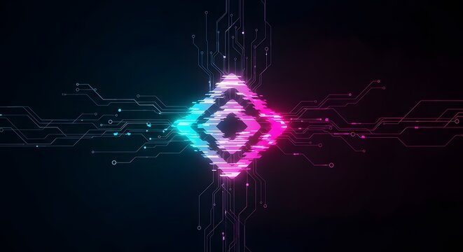 Cybernetic Diamond Electronic Circuit Board Connection with Neon Glow