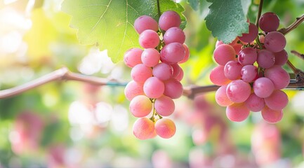 Pink grapes hanging from vines in sunlight